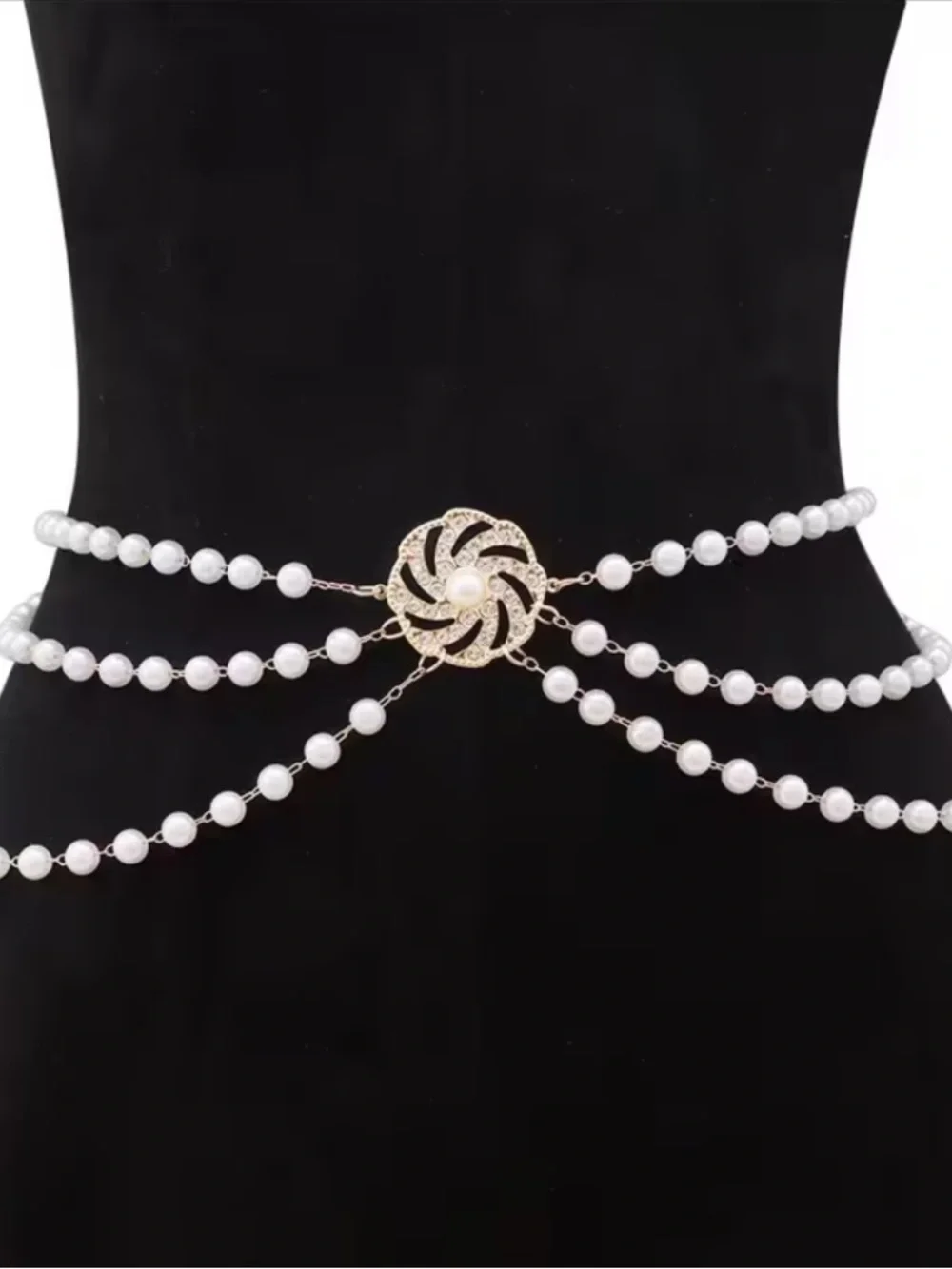 Anthropologie White Pearl Multi-Strand Waist Chain with Gold Medallion